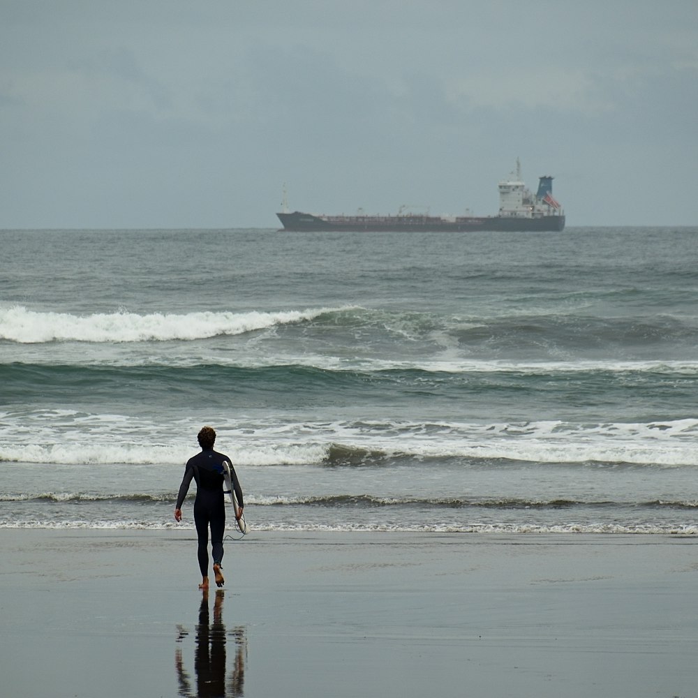 a person walking on the beach with a surfboard