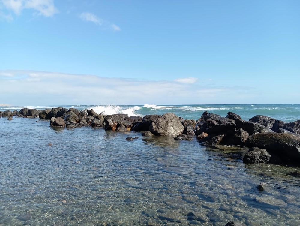 a body of water sitting next to a rocky shore