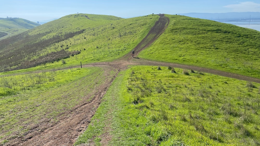a dirt road going up the side of a green hill