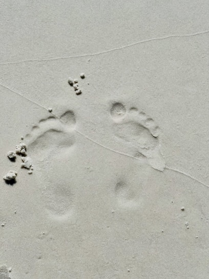 two footprints in the sand of a beach