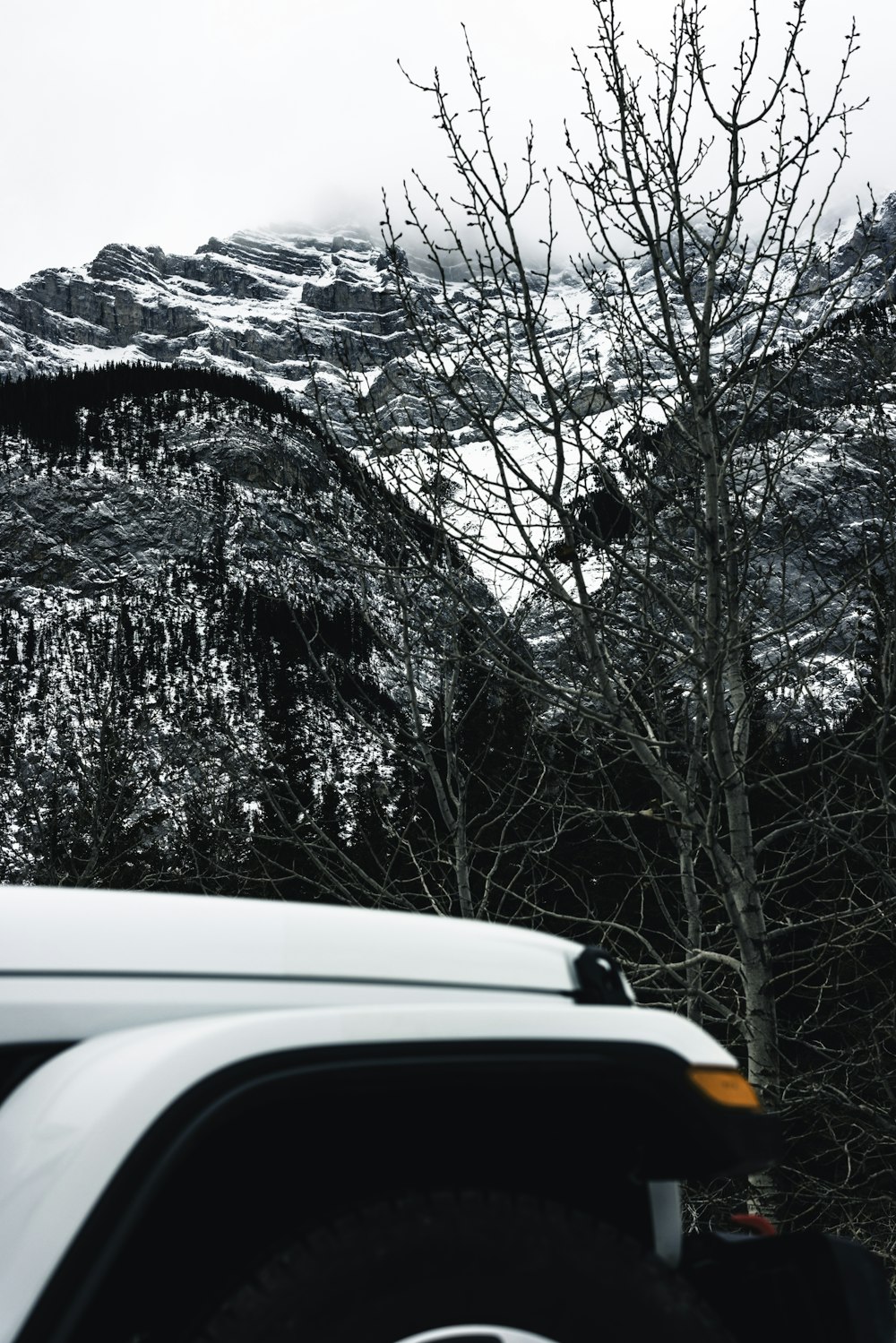 a white truck parked in front of a snow covered mountain