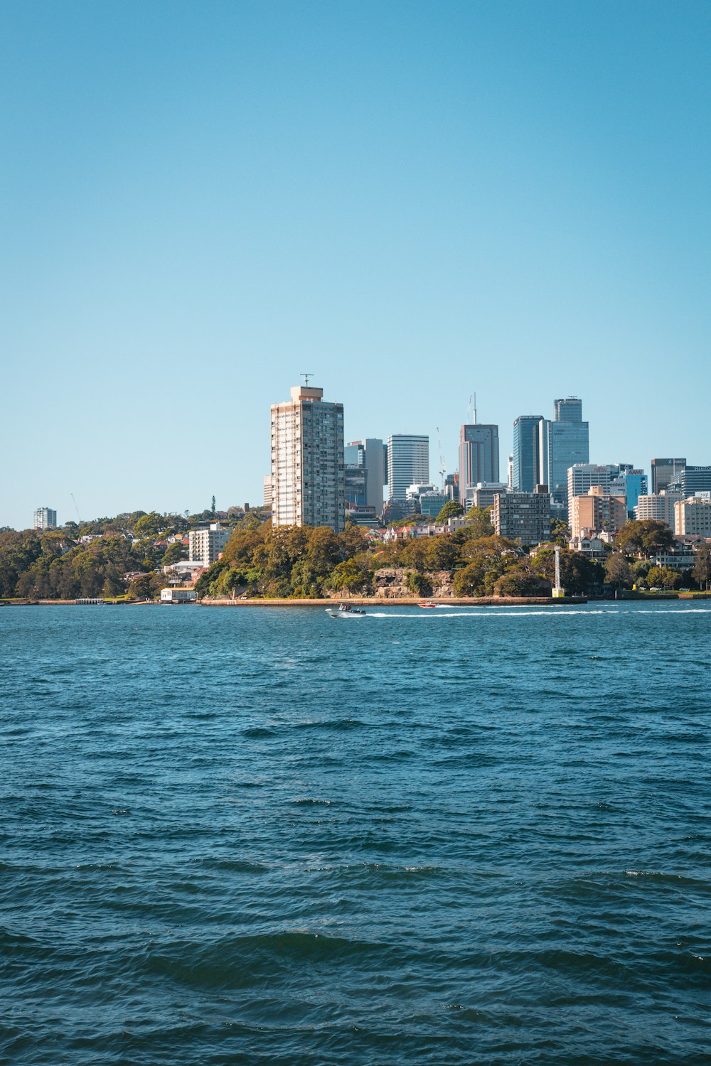 a large body of water with a city in the background