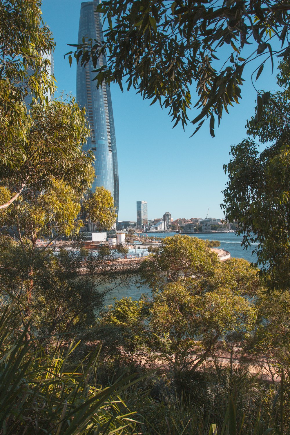 a view of a tall building from across the water