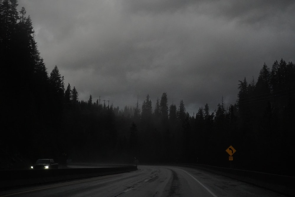 a car driving down a road in the middle of a forest