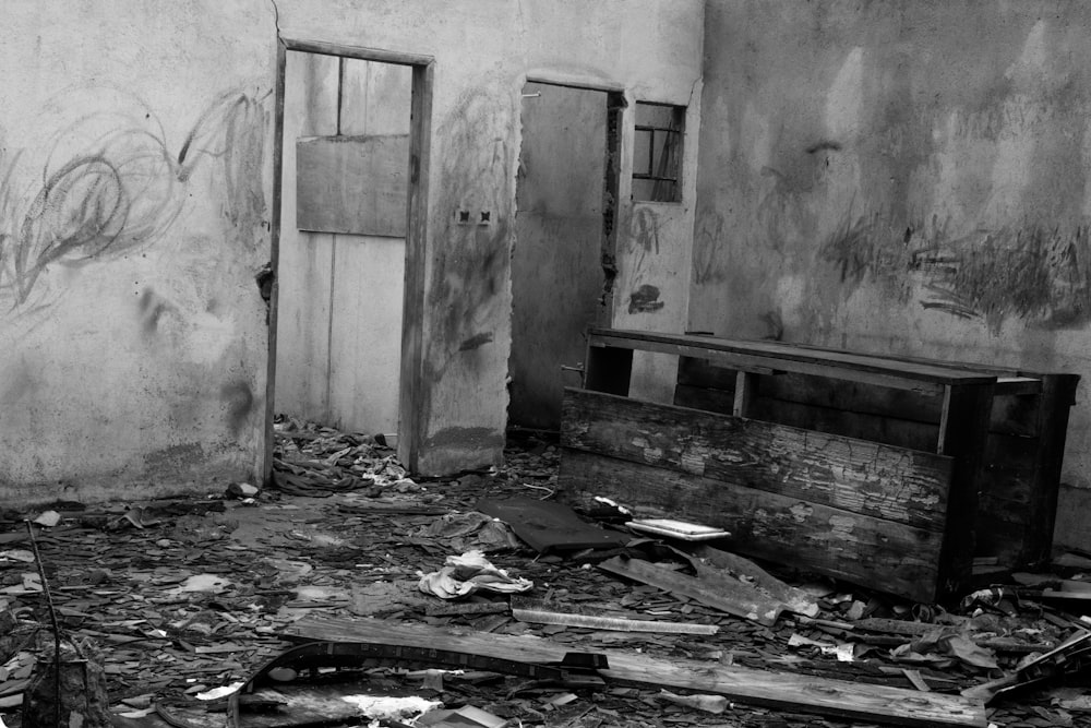 a black and white photo of an abandoned building