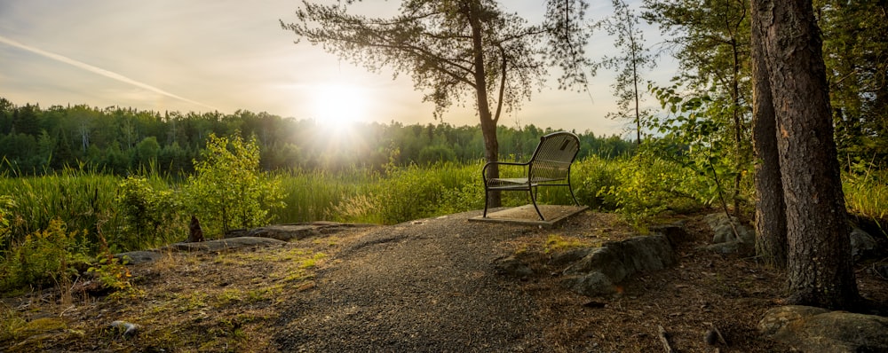 a chair sitting on top of a dirt field next to a tree