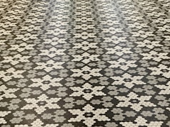 a black and white floor with a pattern on it