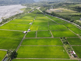 an aerial view of a large green field