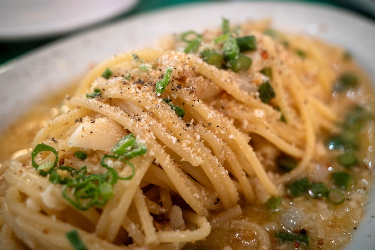a close up of a plate of food with noodles
