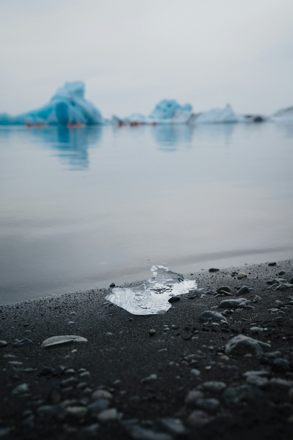 a body of water with icebergs in the background
