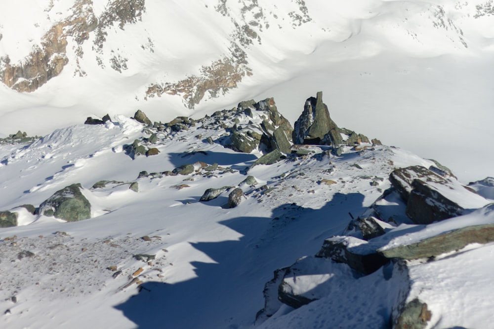 a snow covered mountain with rocks and snow