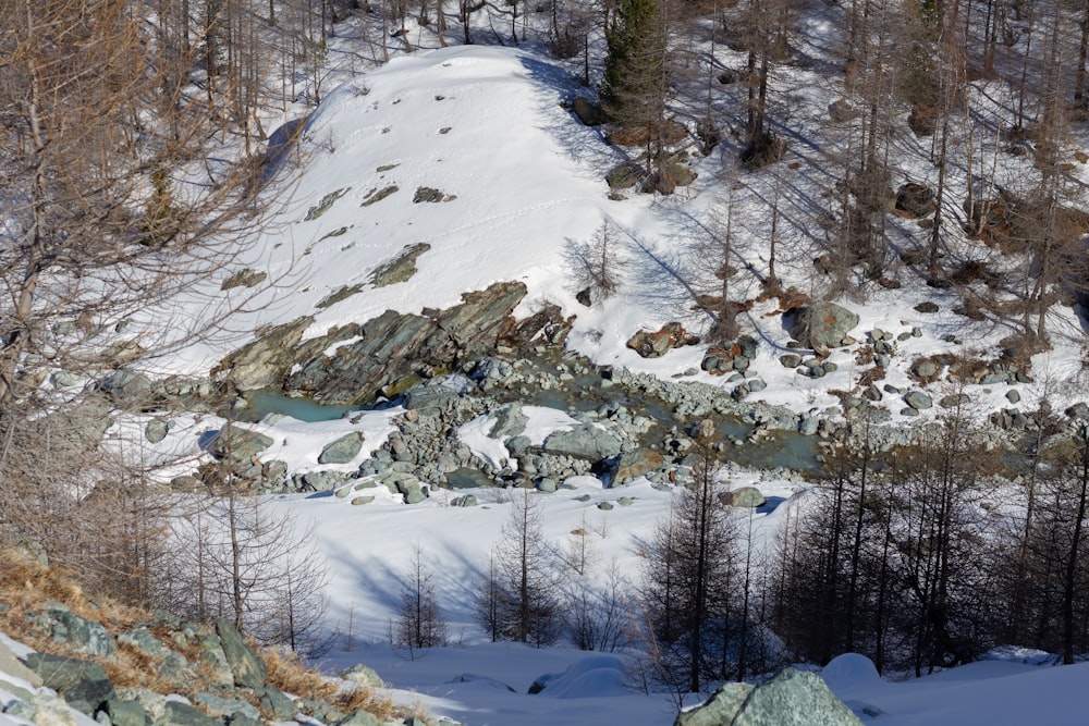 a snow covered mountain with a large amount of rocks