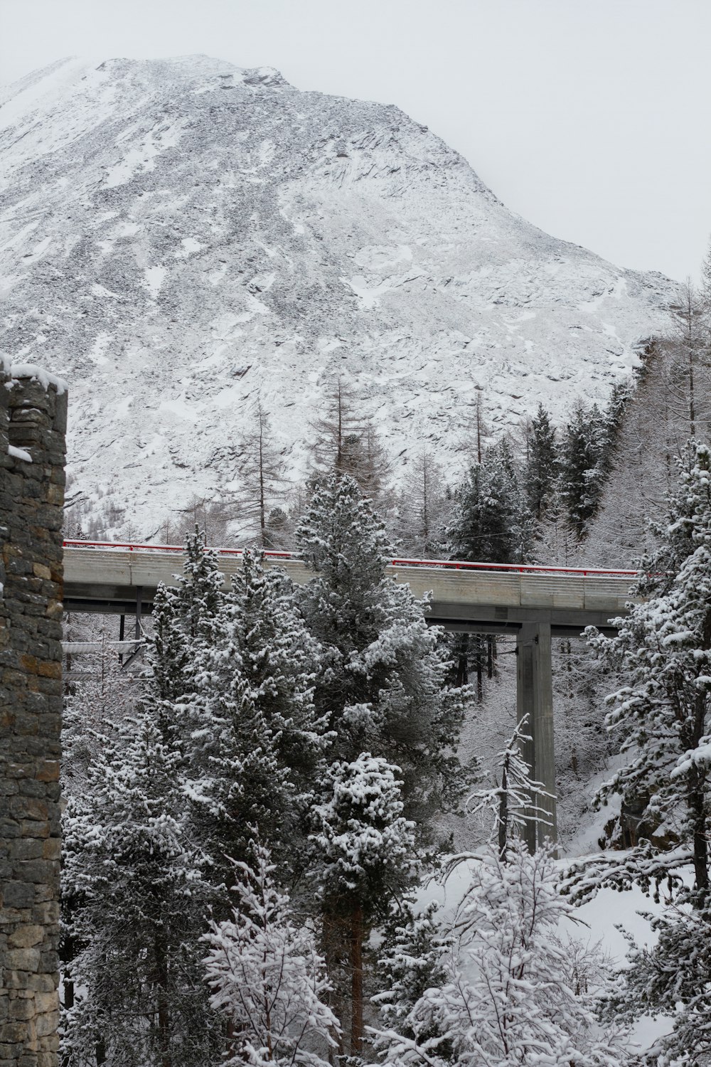 a train traveling over a bridge in the snow