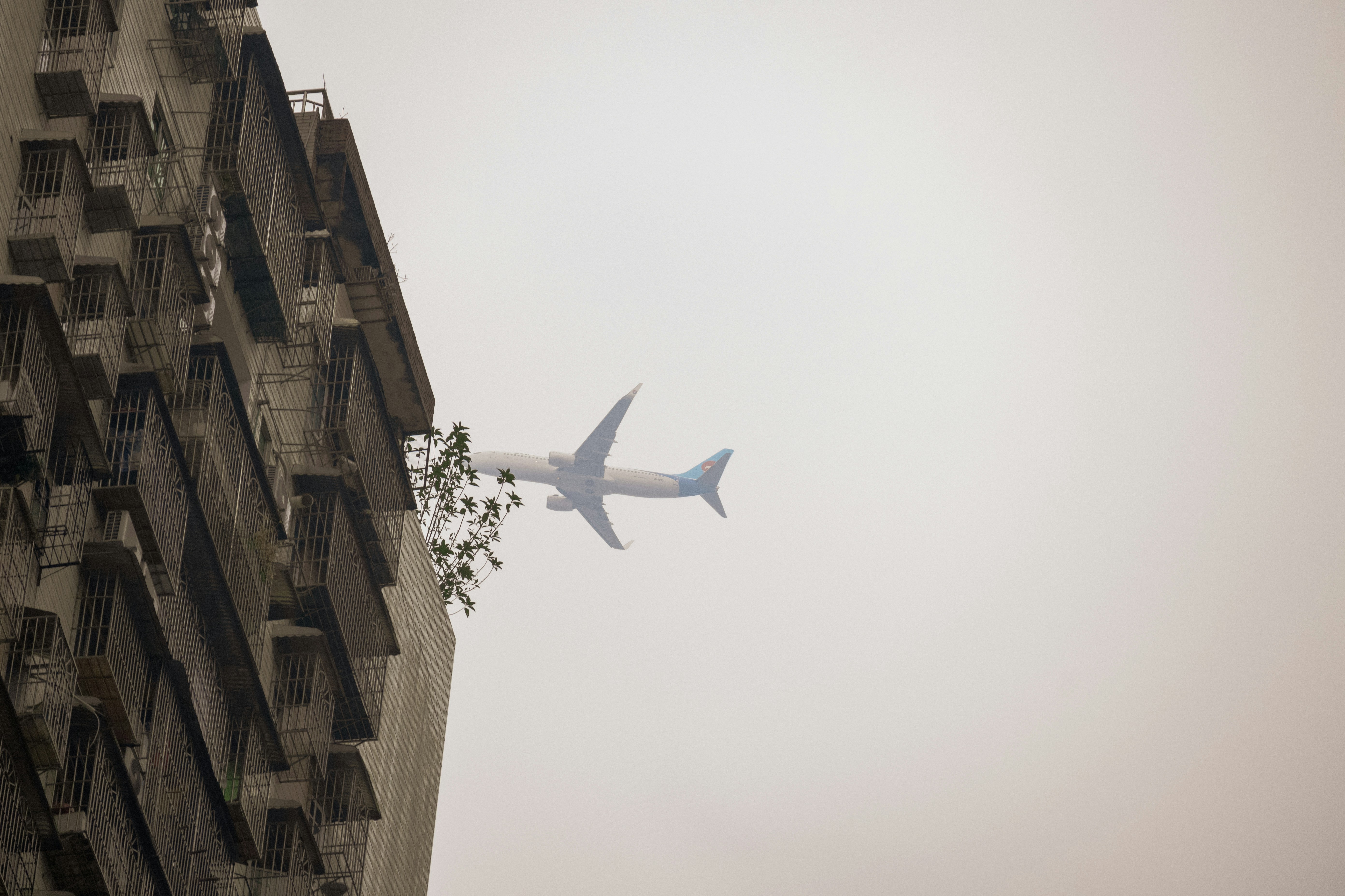 An airplane flying in the sky over a tall building photo – Free Grey ...