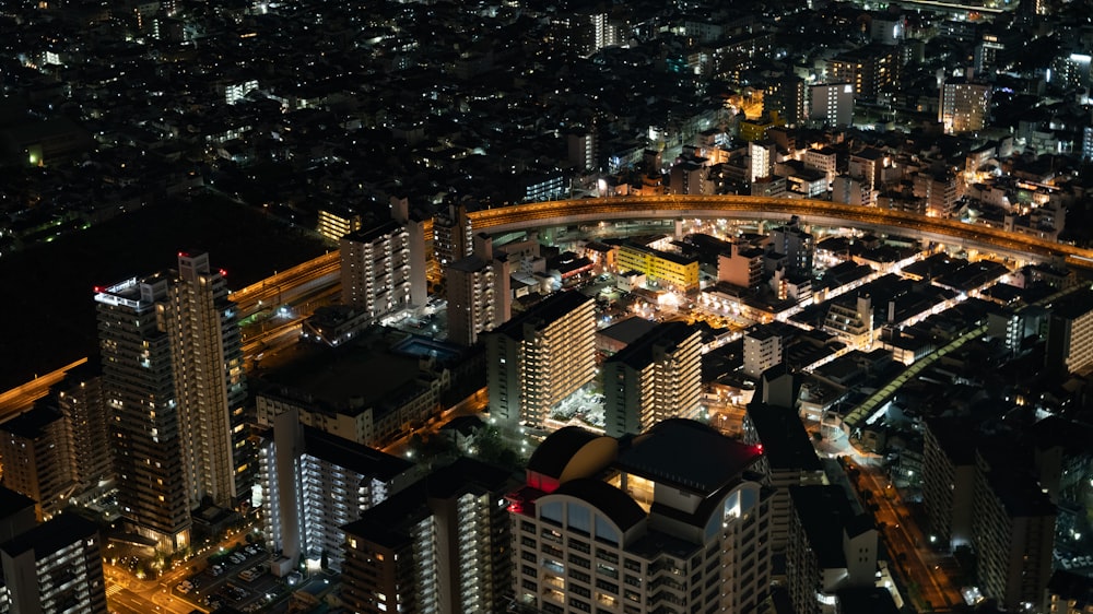 an aerial view of a city at night