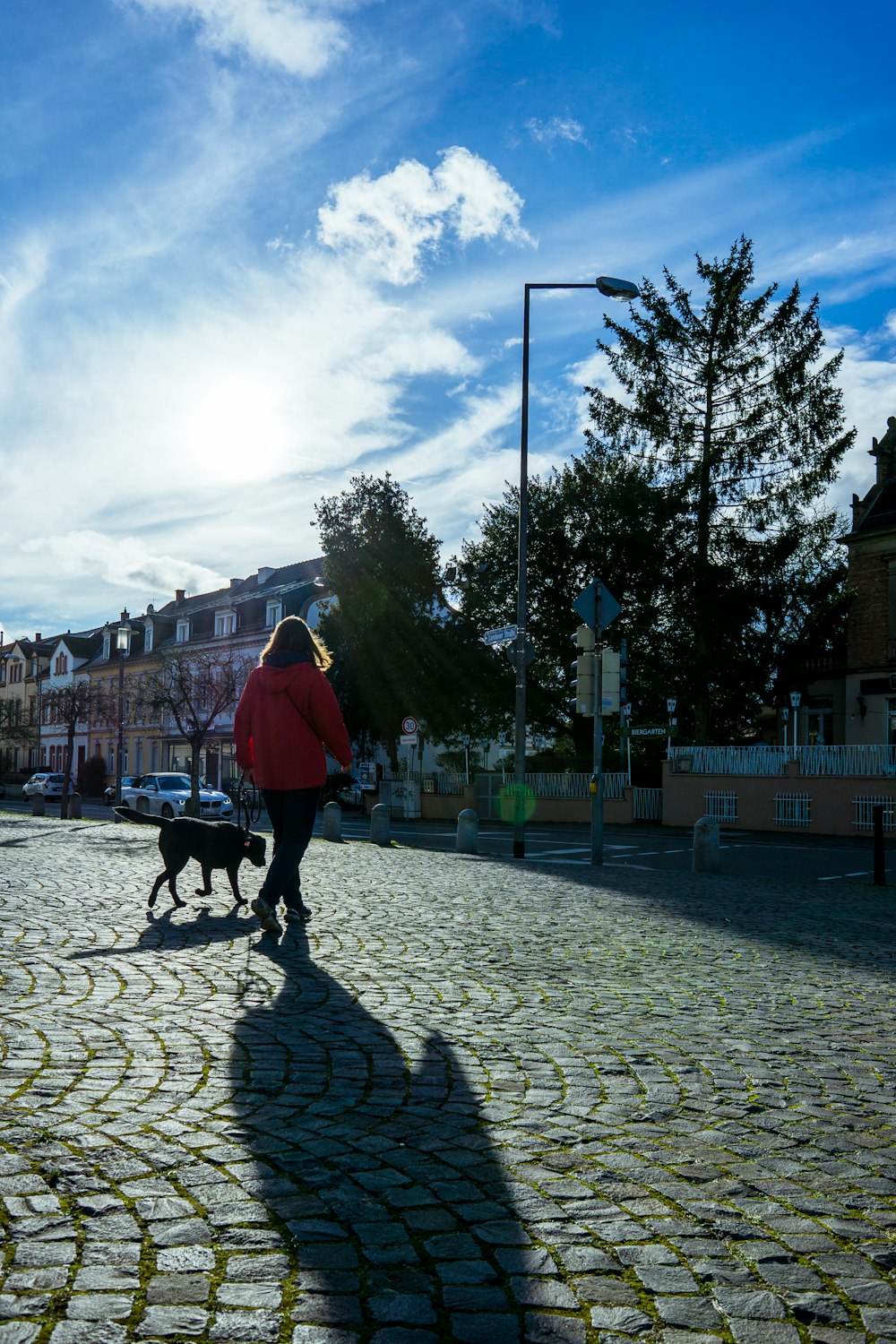 a woman walking a dog down a cobblestone street