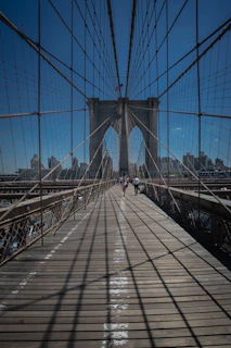 people walking across the brooklyn bridge in new york city