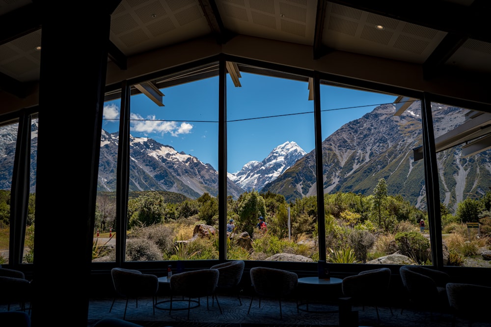 a view of a mountain range through a window