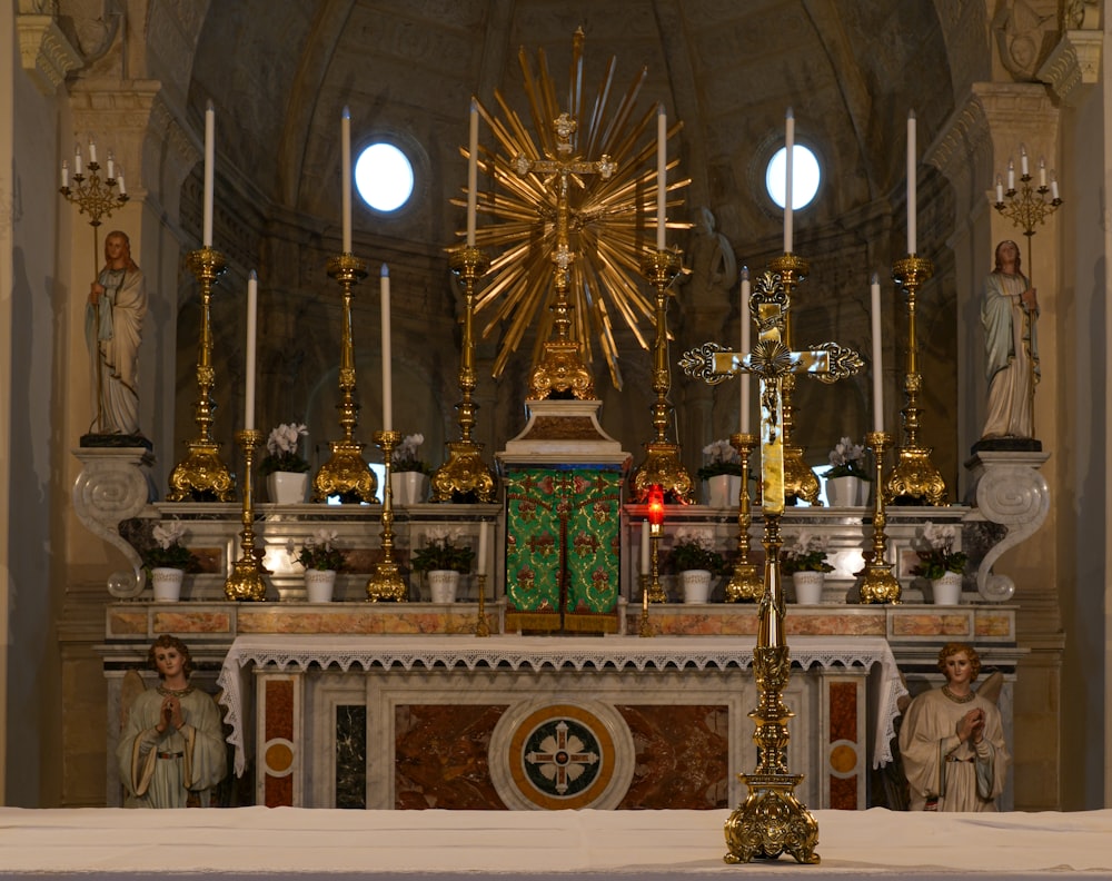 a church with a gold and green alter