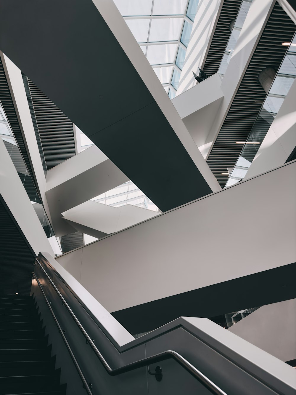 an escalator in a building with a skylight