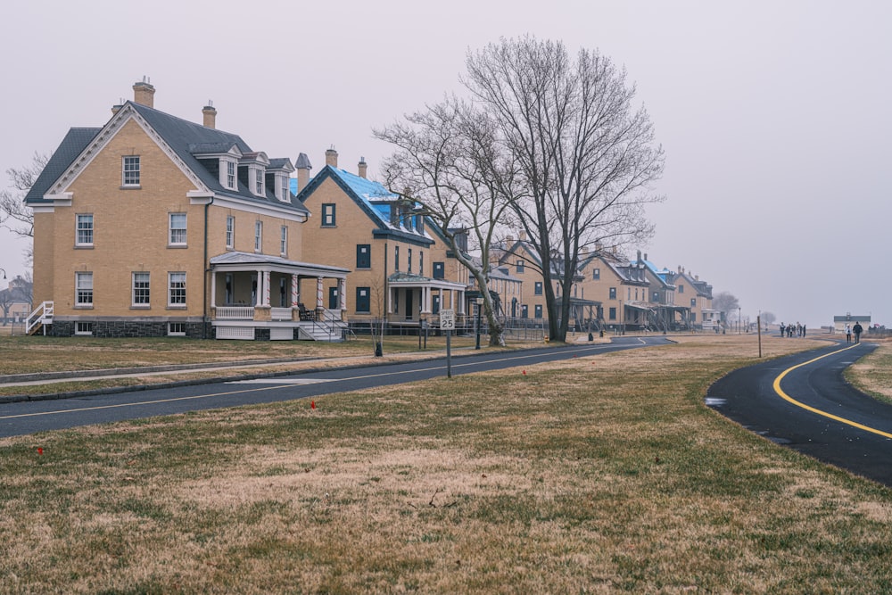 a row of houses along a road in a rural area