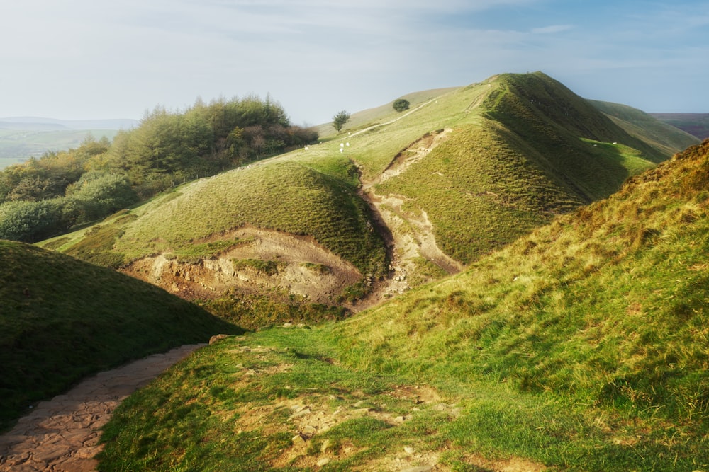 a dirt path going up a grassy hill