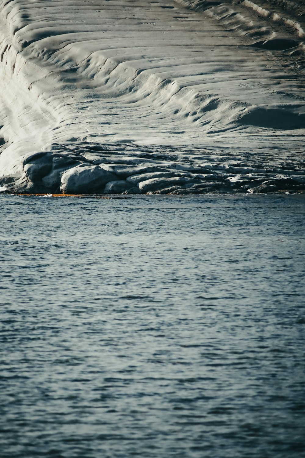 a body of water surrounded by snow covered hills