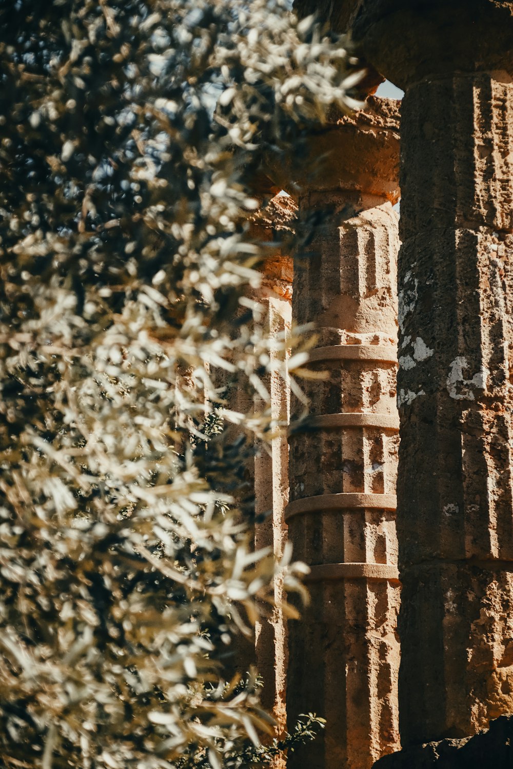 a close up of a stone structure with trees in the background