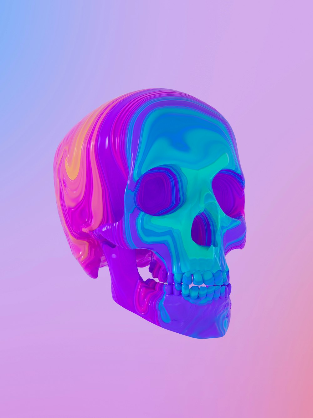 a multicolored skull is shown against a pink and blue background