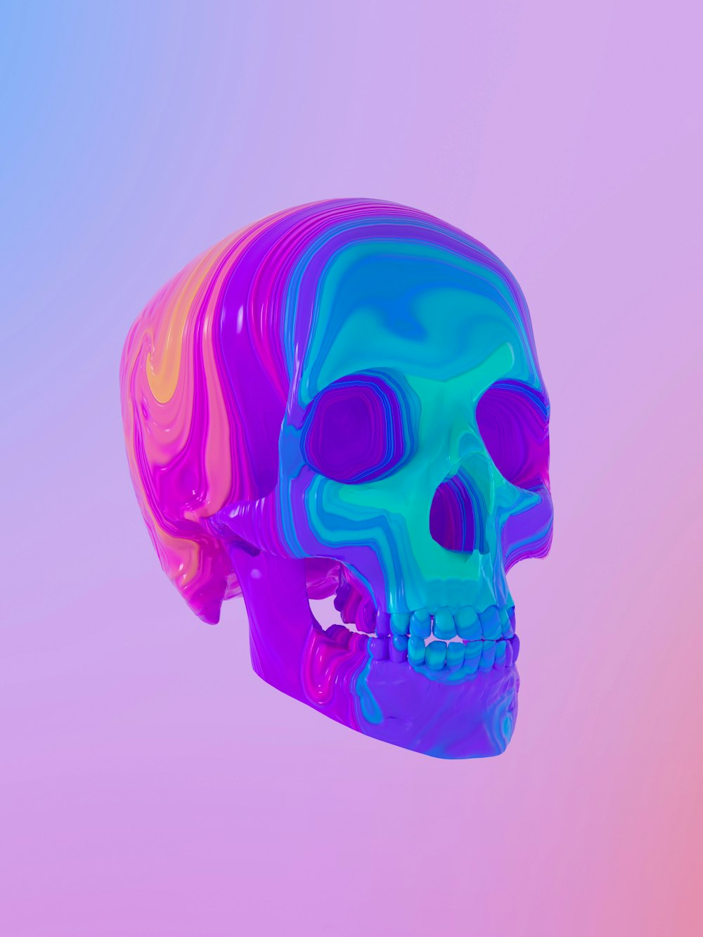 Una calavera multicolor se muestra sobre un fondo rosa y azul