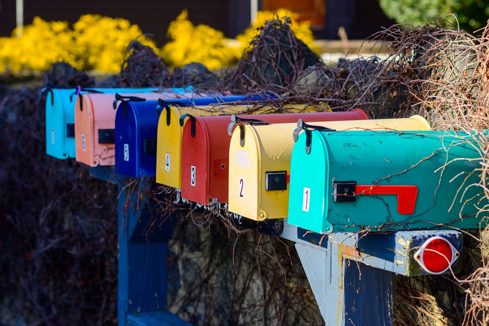 a row of colorful mail boxes sitting next to a bush