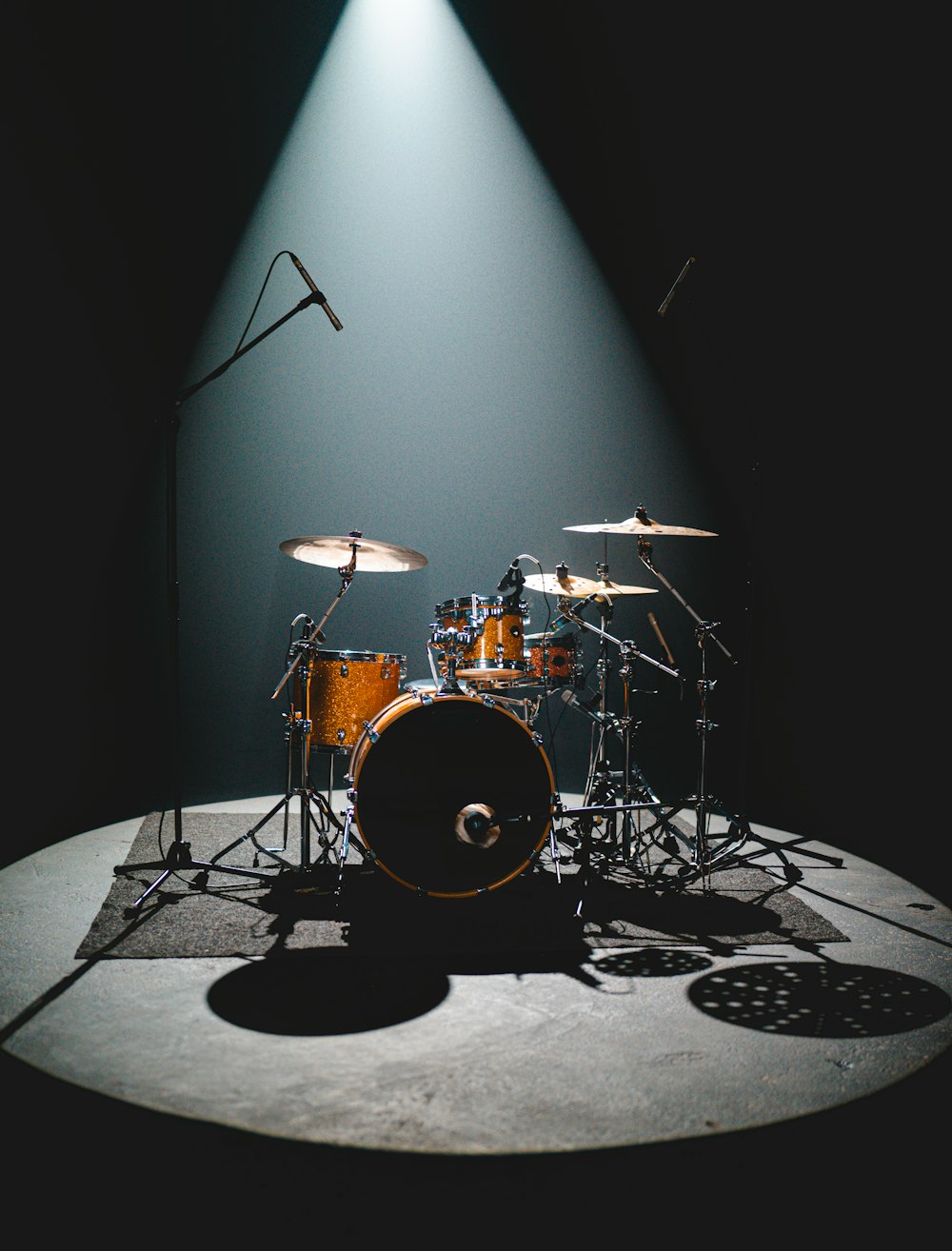 a drum set sitting on top of a stage