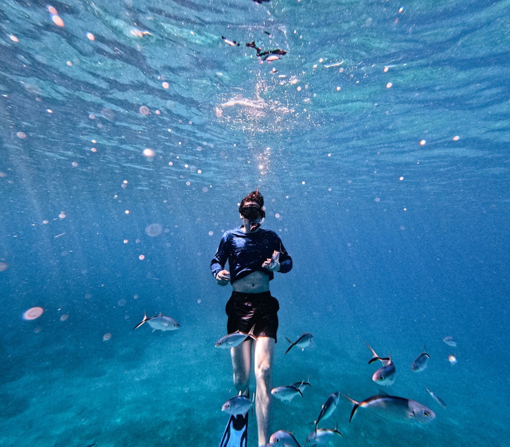 a man swimming in the ocean with a lot of fish