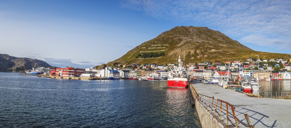 a harbor filled with lots of boats next to a mountain