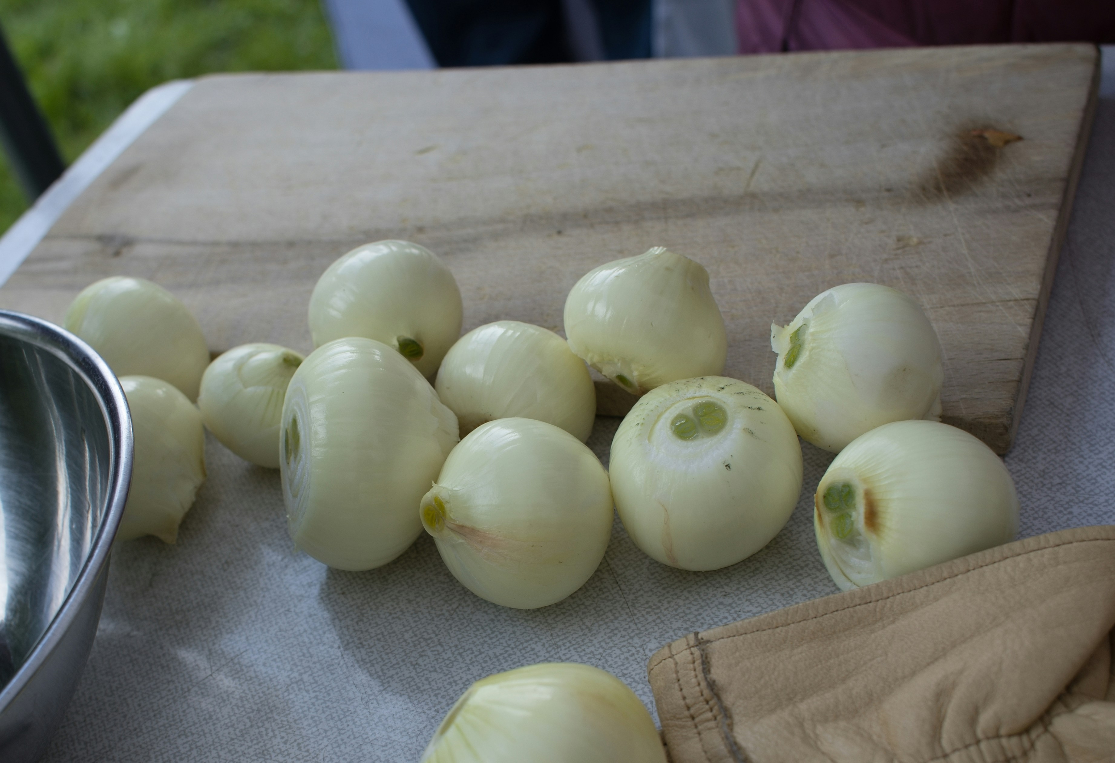 a bunch of onions sitting on top of a cutting board