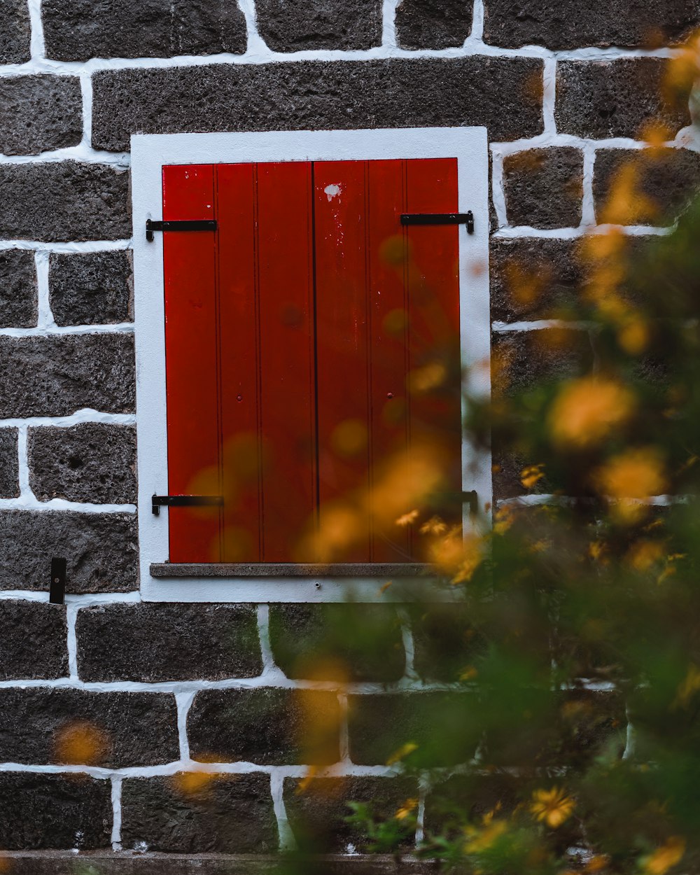 a red window with a white frame on a brick wall