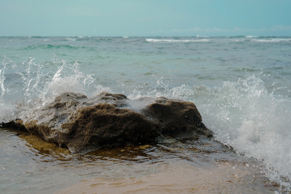 a rock sticking out of the water on a beach