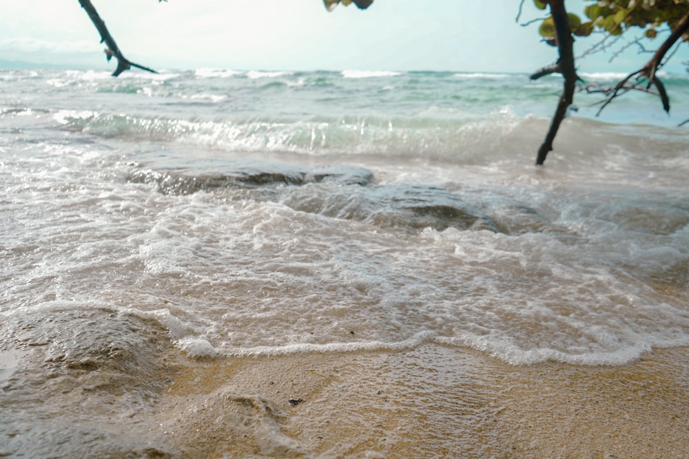 a sandy beach with waves coming in to shore