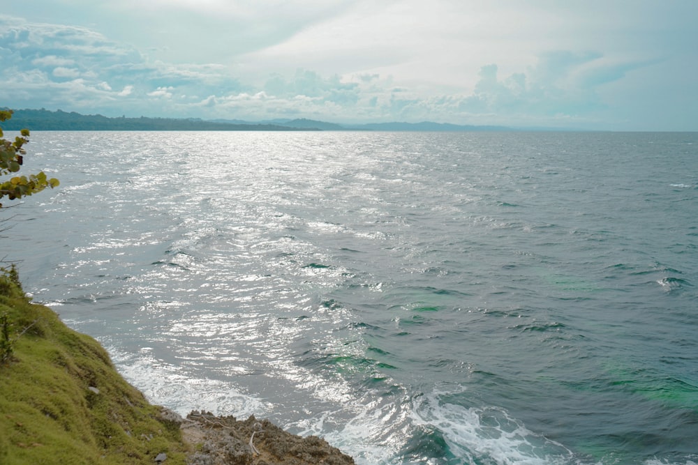 a body of water sitting next to a lush green hillside