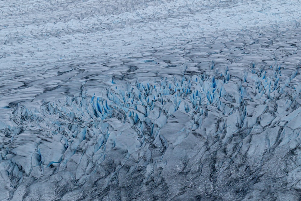 a large group of blue icebergs floating in the water