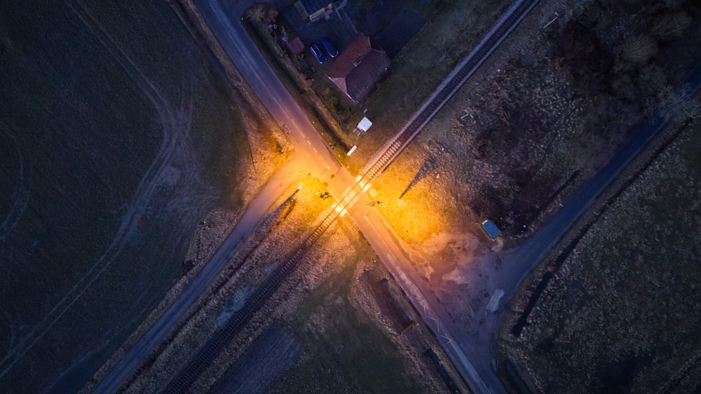 an aerial view of a street at night