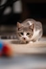 a gray and white cat laying on top of a rug