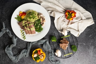 a white plate topped with meat and veggies