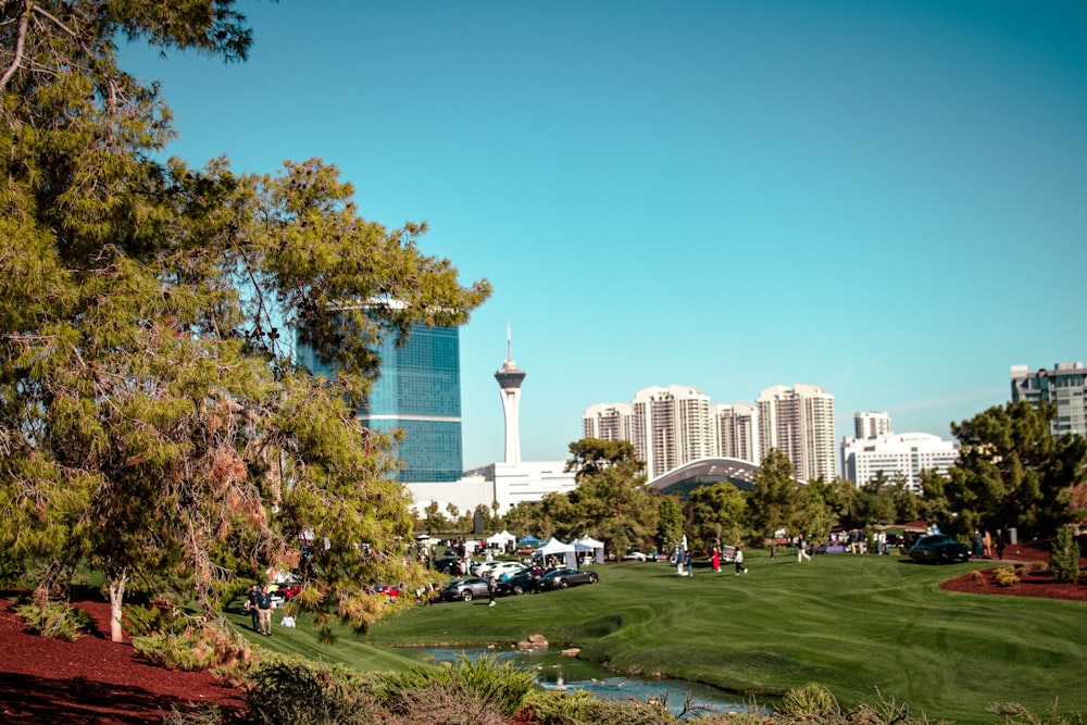a view of a golf course with a city in the background