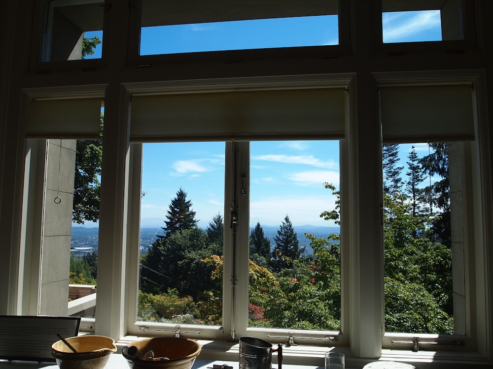 a kitchen window with a view of the trees outside