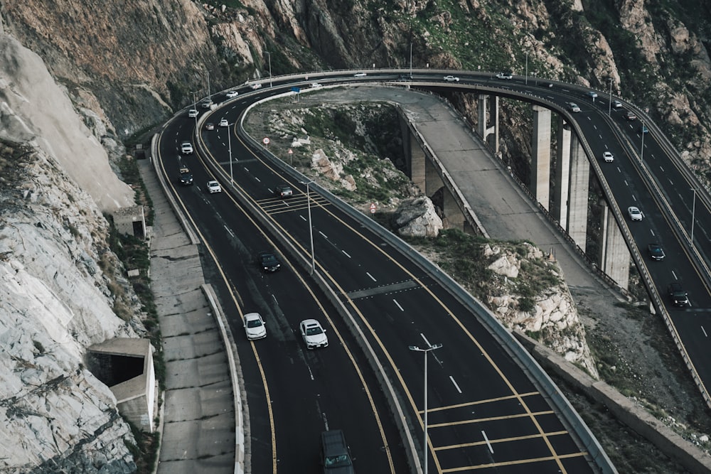 an aerial view of a highway with multiple lanes