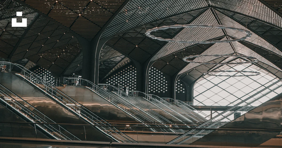 A large open space with a circular metal object hanging from the ...