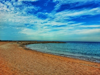 a sandy beach next to the ocean under a blue sky