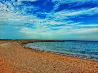 a sandy beach next to the ocean under a blue sky