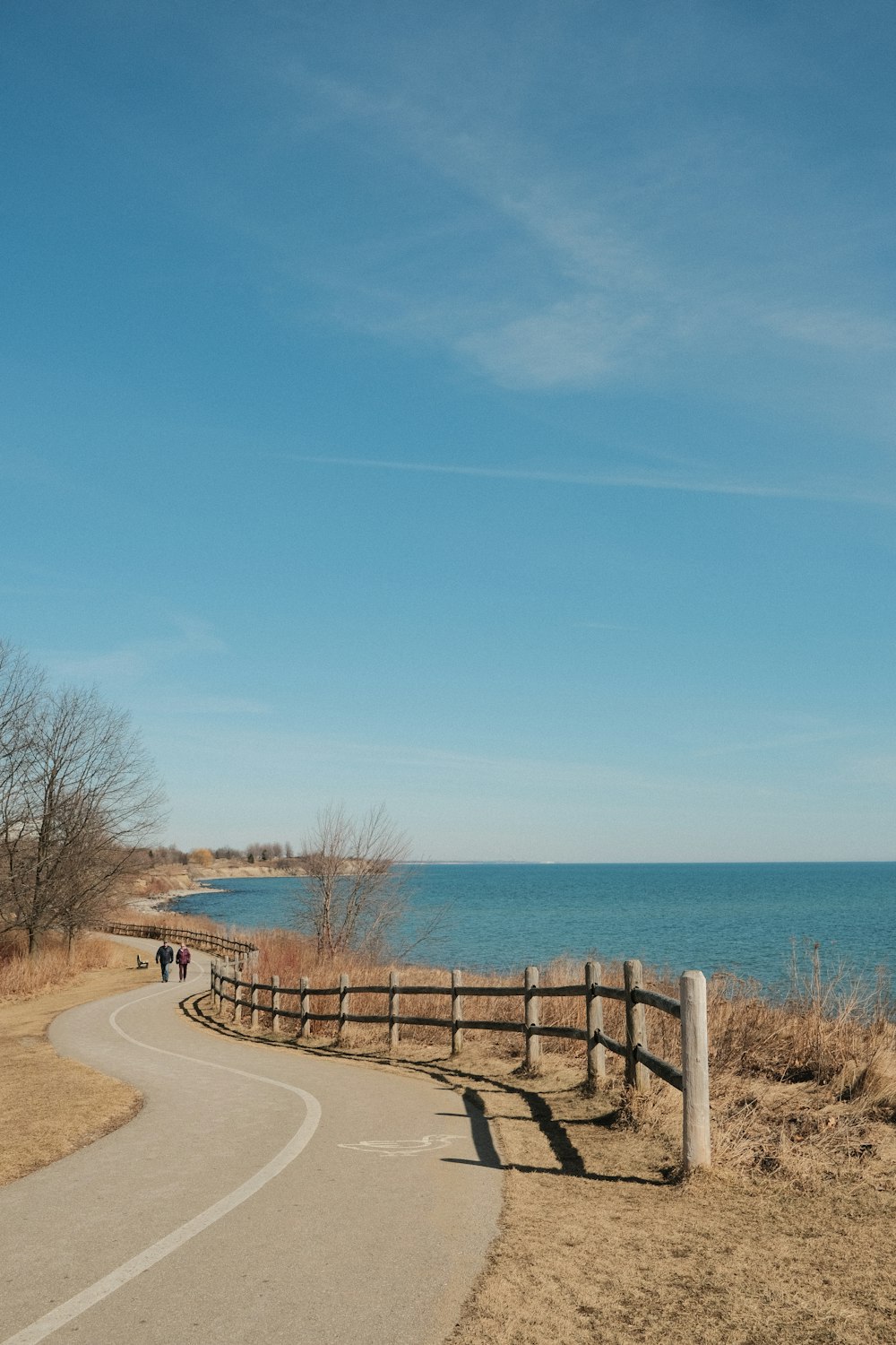 two people walking down a path near the ocean